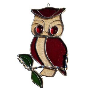 Stained Glass Owl Suncatcher With Red & Green Accents Handmade 8" x 5" Home Deco